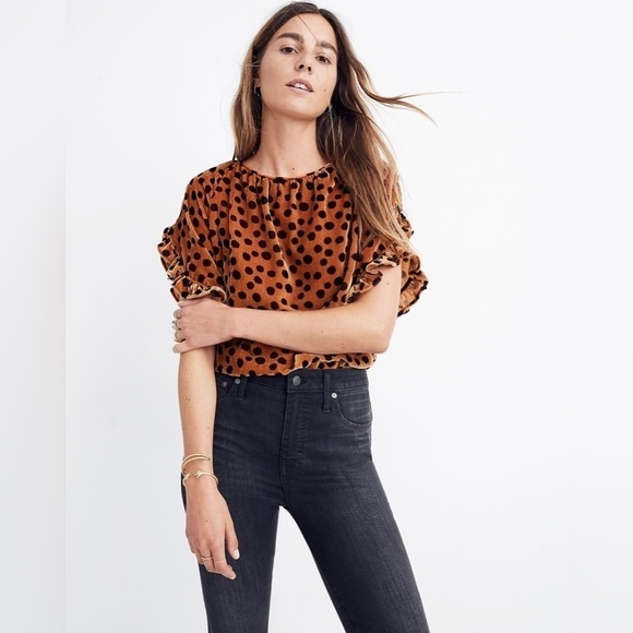Madewell Velvet Memento Ruffle-Sleeve Top in Leopard Dot, Size XS - Picture 1 of 11